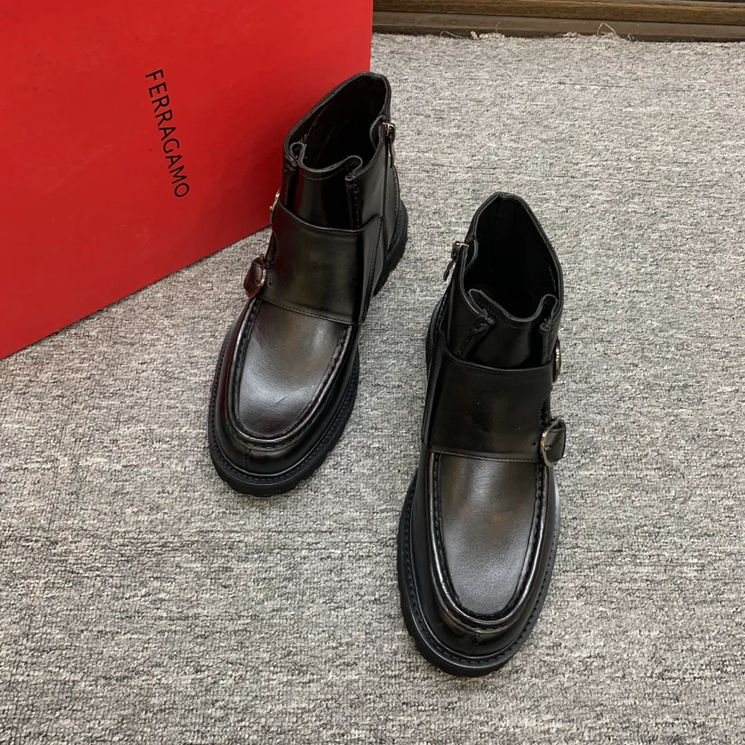 Men's shoes 💰960 🎁🎁🎁😈[Ferragamo] Men's high-top boots, the latest hot style, 1:1 original purchase quality, top quality, imported cowhide for the uppers, imported cowhide for the lining and feet, with original lightweight foam outsole, matching code 39-44, (38, 45 custom-made, non-refundable)